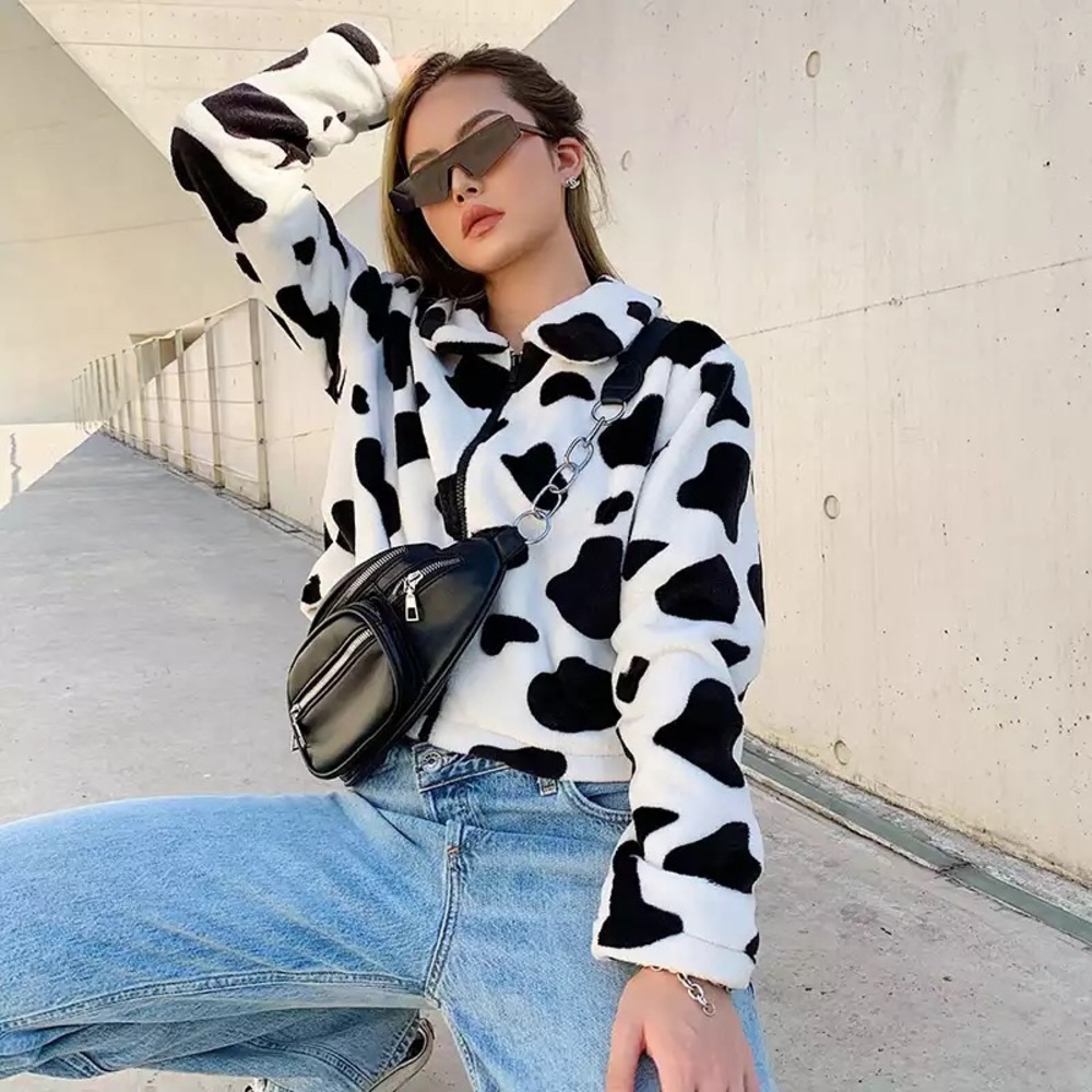 Cow Print Fluffy Jacket - Picture 1 of 4